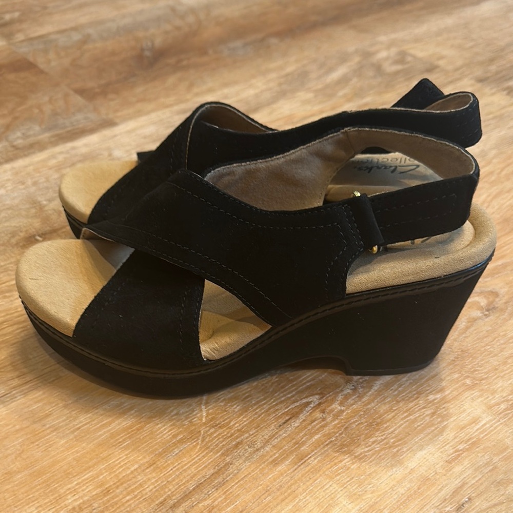 Clarks Black and Cream Wedge Sandals